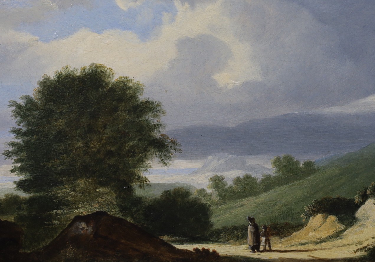 Manner of James Arthur O’Connor (Irish, 1792-1841), Travellers in landscapes, Oil on wooden panel, a pair, 14 x 19cm